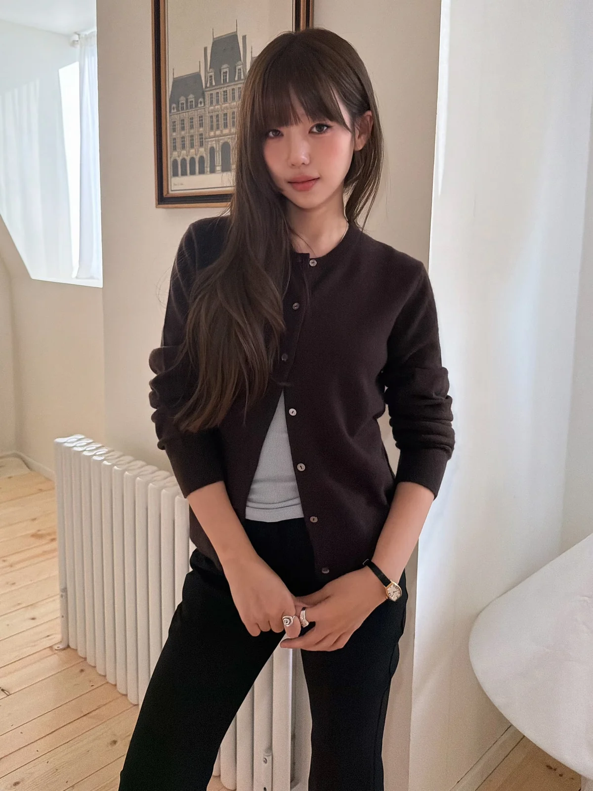캐시미어100 라운드넥 카디건-에스프레소 브라운